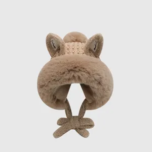 Cute plush knitted hat with warm ear flaps and sweet animal ears for autumn and winter.