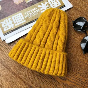 Yellow cable-knit beanie winter warm thick pull-on hat casual solid color knitted hat