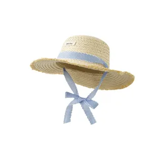 Chapeau de paille plat français avec ruban à carreaux bleus large bord été plage chapeau de soleil