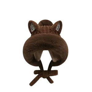 Japanese sweet plush knitted winter hat with cute animal ears, warm earflap cap.