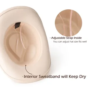 Detalle interior del sombrero de vaquero de fieltro beige con correa ajustable.