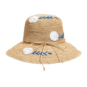 Handmade raffia sun hat detail, featuring delicate blue embroidery and white flower decorations.