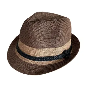 Κλασικό καφέ ψάθινο καπέλο fedora για καλοκαιρινά ταξίδια στην παραλία, κομψό καπέλο ηλίου.