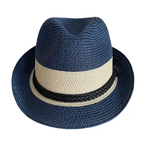 Koμψό μπλε ψάθινο καπέλο fedora για καλοκαιρινές διακοπές στην παραλία, casual καπέλο ηλίου.