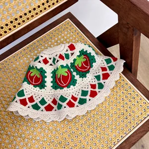 Handmade crochet bucket hat with cute strawberry pattern, sweet style woven fisherman hat for women.