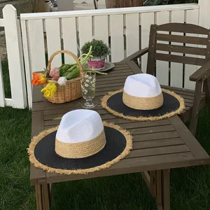 Two-tone straw hat resort style wide brim jazz sun hat for summer beach outdoor fashion.