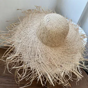 Großer Strohhut mit Fransen, handgemachter Bast Sonnenhut für Sommer Strand Urlaub Reisen.