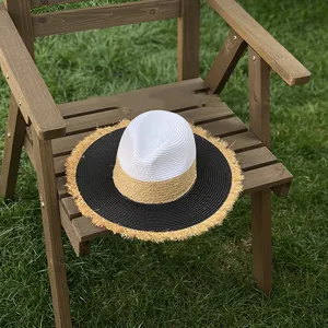 Summer resort style color block straw hat for women and men, flat brim jazz sun hat.