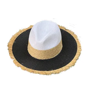 Stylish color-block straw sun hat with fringe brim for women and men summer beach resort wear.