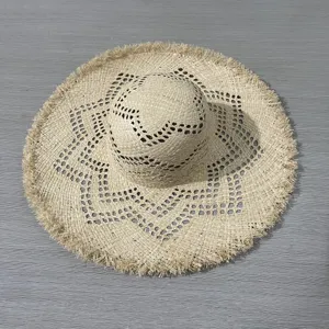 Damen Sommer Strohhut mit breiter Krempe Strand Sonnenschutz hohles gewebtes Stroh Urlaubsstil