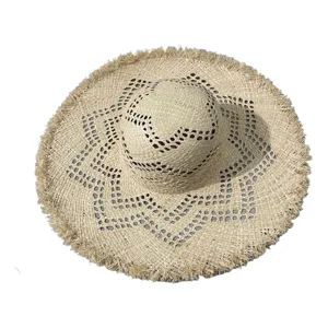 Damen breite Krempe Raffia Strohhut Sommer Strand Urlaub Hohl Sonnenschutz Kappe