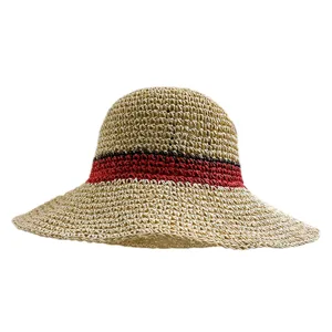 Chapeau de soleil en paille crochet style français femme voyage d'été pliable large bord seau