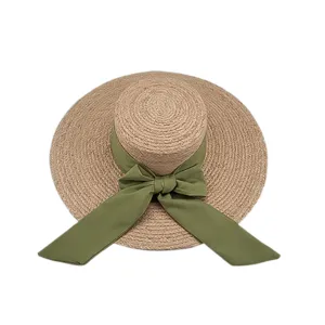 Chapeau de Paille à Dessus Plat et Très Grand Bord pour Femmes Chapeau de Soleil en Raphia avec Nœud Élégant Vacances d'Été à la Plage