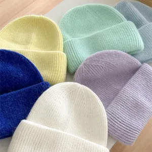 Bonnet en tricot mélange poils de lapin chaud et épais, bonnet côtelé uni confortable pour hiver.