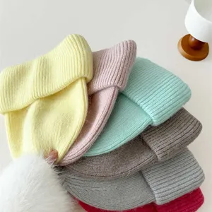 Bonnet en tricot mélange poils de lapin douillet pour femme, bonnet hiver chaud pastel