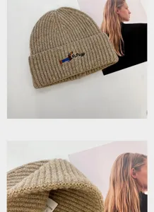 Bonnet en tricot kaki pour femme, broderie chiot mignon hiver chaud epais bonnet slouch