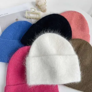 Bonnet en tricot de poil de lapin doux pour femme, bonnet d'hiver chaud et épais.