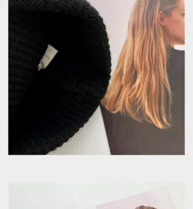 Bonnet en tricot noir pour l'hiver, bonnet chaud en laine côtelée au design texturé.