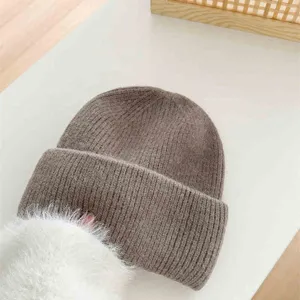 Bonnet tricoté en mélange de poils de lapin pour femme, bonnet d'hiver chaud et épais.