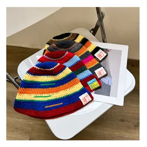 Colorful striped knit bucket hat for women, autumn and winter casual handmade wool beanie.