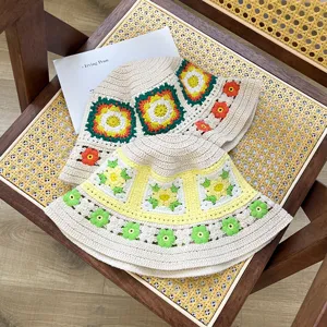 Handmade crochet bucket hat, colorful floral granny square knit hat for women stylish cute.