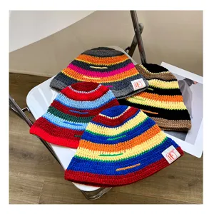 Colorful striped crochet bucket hat, knitted winter cap, casual Japanese style women headwear.