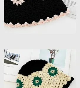 Chapeau bob floral au crochet fait main, bonnet tricoté rétro ajouré pour femmes élégantes.