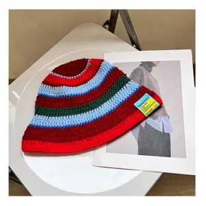 Colorful striped crochet bucket hat for women, handmade knit winter warm basin cap.