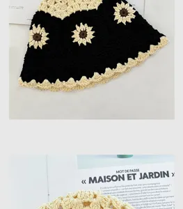 Chapeau bob crocheté floral pour femme, noir beige marguerite soleil accessoire mode rétro.