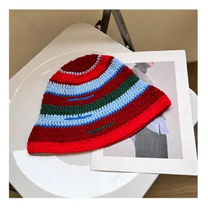 Autumn winter contrast stripe knitted bucket hat casual stylish wool sun bucket hat detail