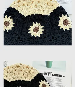 Chapeau bob crochet floral noir beige tournesol tricot chapeau de bassin doux rétro vintage femme