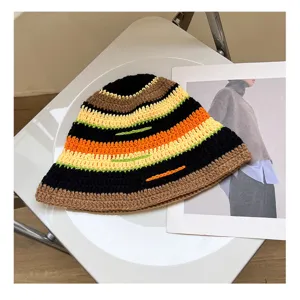 Autumn winter colorful striped knitted bucket hat casual versatile woolen fisherman hat stylish