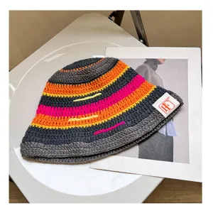 Colorful striped crochet bucket hat for women, knit winter basin hat casual versatile.
