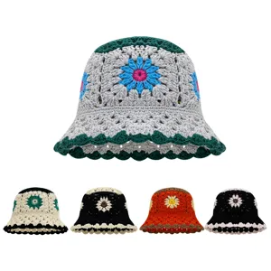 Femmes Vintage Crochet Tricot Chapeau Bob Floral Ajouré Casette de Pêcheur Chapeau d'Hiver Printemps Chaud Casquette Fille Douce