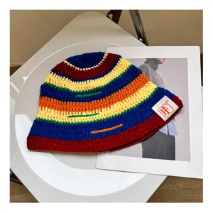 Autumn winter colorblock striped knit bucket hat for women, Japanese style casual wool hat detail view.