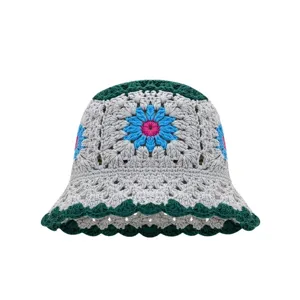 Chapeau bob au crochet pour femme, chapeau de soleil en tricot floral, style rétro mignon.