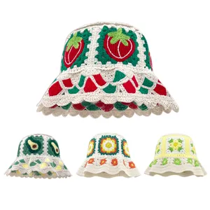 Handmade Knitted Bucket Hat Sweet Pastoral Style Floral Strawberry Warm Winter Crochet Basin Hat Women Fashion Headwear