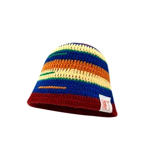Colorful striped crochet bucket hat for women, autumn winter casual knitted wool fisherman hat.