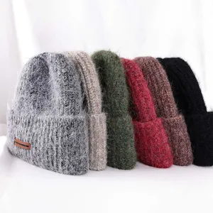 Thickened warm knit winter beanie hat, soft fuzzy cashmere style, multi-color display detail.
