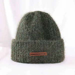 Thickened warm winter knitted beanie hat, fuzzy wool blend green cap with leather tag for women.