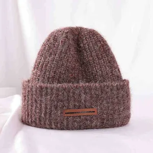 Thickened warm knitted beanie hat for women autumn winter wool blend fashion solid color cap