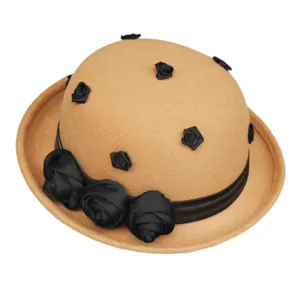 Women vintage wool felt bowler hat elegant floral dome derby hat winter black rose hat