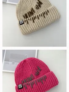 Chunky knit beanie hat with unique stitch embroidery, thick warm winter hat for women.