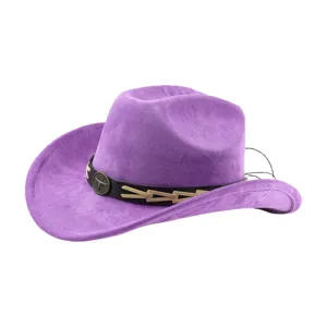 Vintage Westerse Cowboyhoed Unisex Polyester Suede Fedora Brede Rand Jazzhoed Met Leren Riem Stierenkop Decoratie