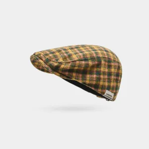 Casquette plate écossaise rétro colorblock pour femmes, béret vintage avec petite étiquette latérale.