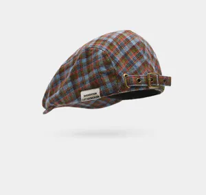 Casquette plate écossaise vintage pour femme, chapeau newsboy rétro à blocs de couleurs.