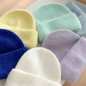 Bonnet en tricot doux mélange poils de lapin pour femme, chapeau d'hiver chaud et épais en couleurs.