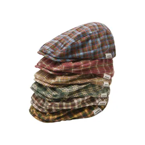 Femmes Rétro Plaid Béret Newsboy Cap Bloc de Couleur Coton À la Mode Réglable Peintre Chapeau Printemps Automne Accessoire