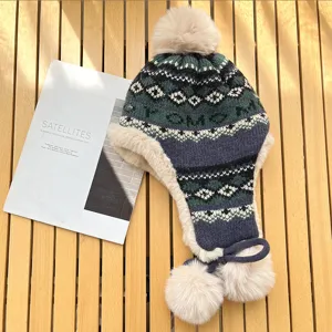 Thickened knit pom pom earflap hat for women, winter warm plush bomber hat with braided ties.