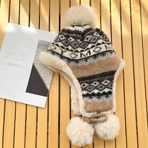 Thickened knitted bomber hat with pom-poms and earflaps, winter warm cozy plush fuzzy hat.